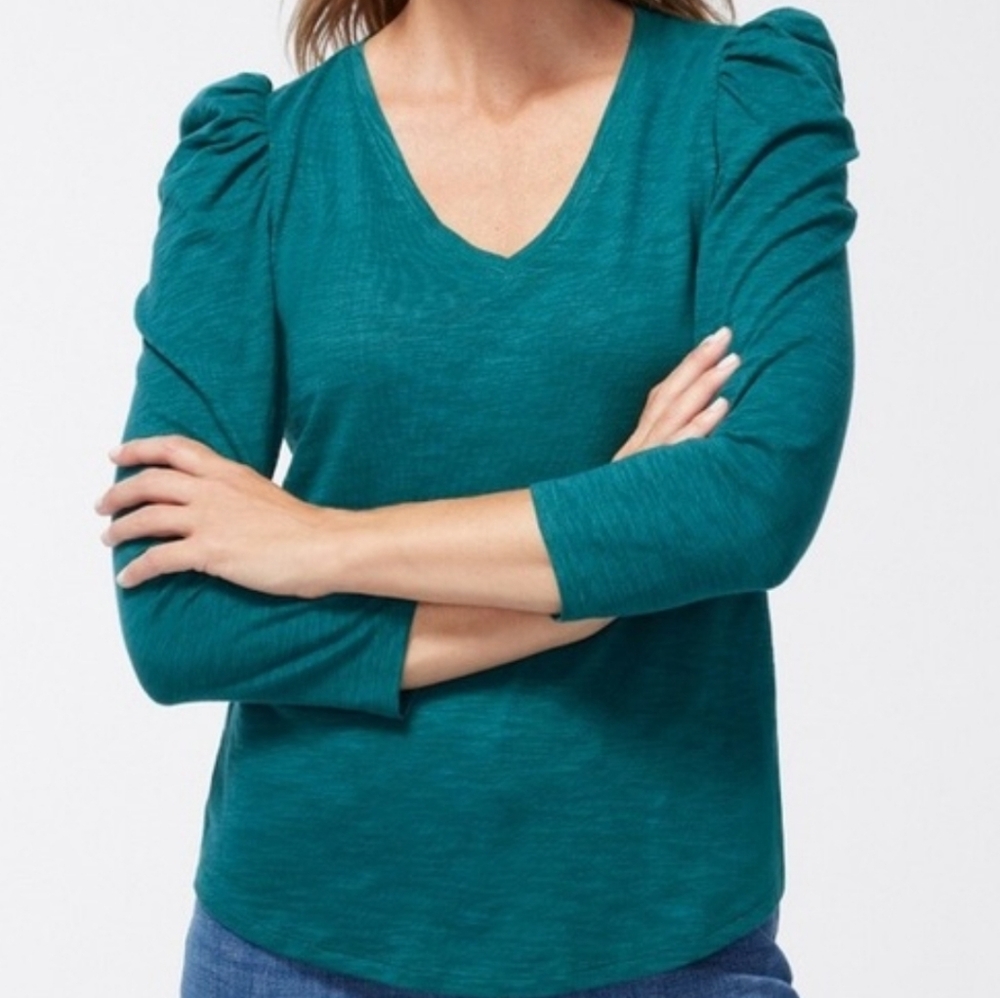 Chicos Romantic 3/4 Puff Sleeve Tee In Peacock Teal Cotton Modal Size 3 XL
